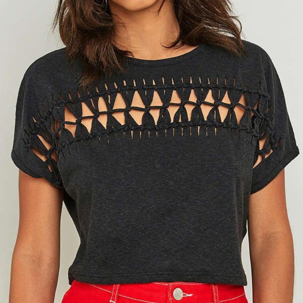 UO Light Before Dark Short Sleeve Macrame Crop Top